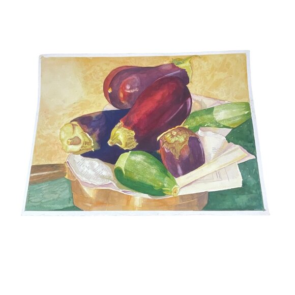 Vibrant Still Life Watercolor Painting Of Eggplants and Zucchini On Rustic Backg - Picture 2 of 9